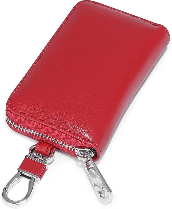 Genuine Leather Car Key Wallet, Zipper Key Ring Wallet Holder with Metal Hook for Unisex (Red)