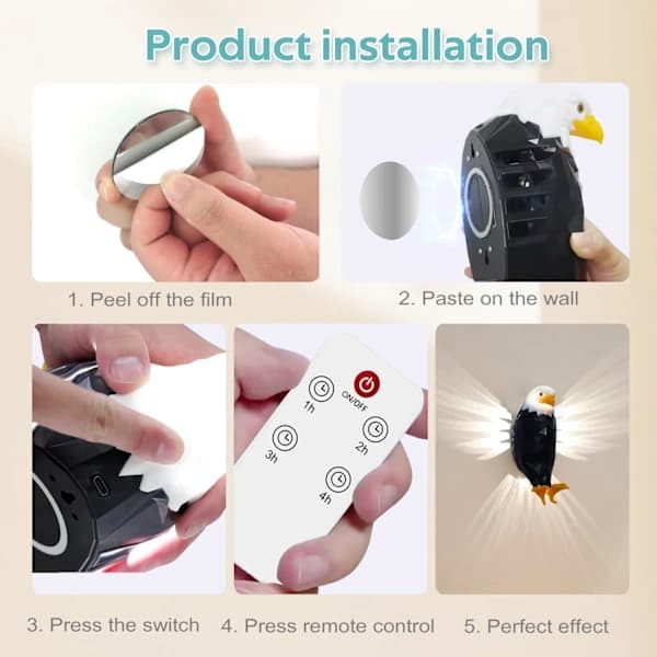 Bald Eagle Wall Lamp with Remote Control, Magnetic LED Mounted Eagle Light, USB Charging and Battery Powered Indoor Lighting