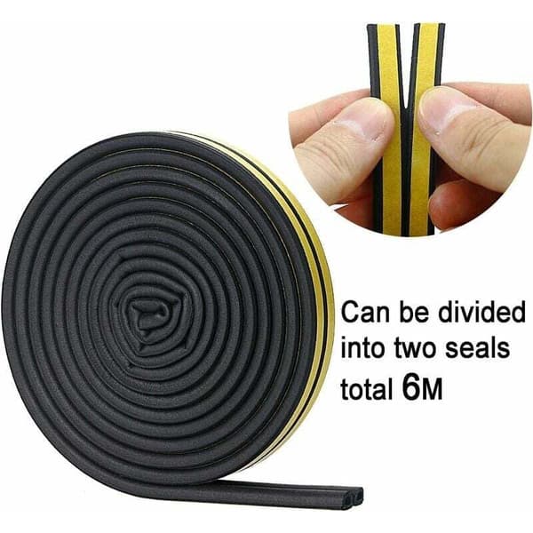 D-Profile Weather Stripping, 6 Meters (Black), Strong Adhesion, Sound and Weather Insulation for Doors and Windows