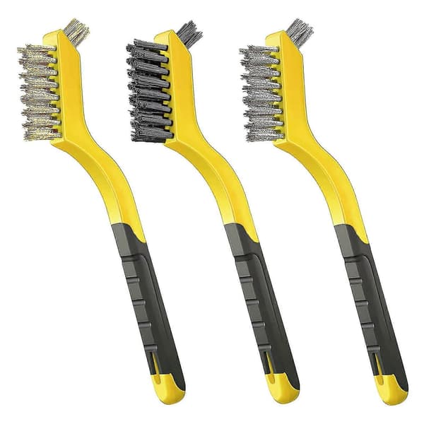 3 stk. stålbørstesett i nylon/messing/rustfritt stål med buet håndtak for rust, smuss og P