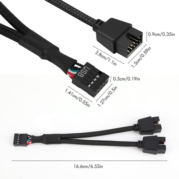 USB-header splitter, 2 stk. USB 2.0 9-pin hun til dobbelt 9-pin han forlængerkabel, bundkort 9-pin USB2.0 header splitter nylonflettet