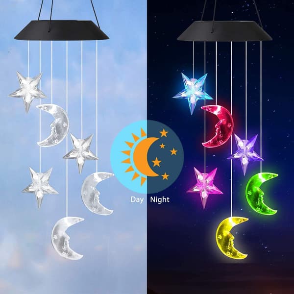 Fargeendrende spiralformet solcellelampe LED vindklokke romantisk utendørsdekorasjon for uteplass, hage med krok måne og stjerne