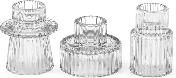 3-delt glaslysestage, vintage lysestager til indretning/bryllup og lysestager til bloklys og koniske lys Klar Clear