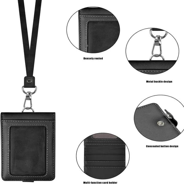 Sort - ID-kortholder med snor Vertikal læder ID-badge Ho A A