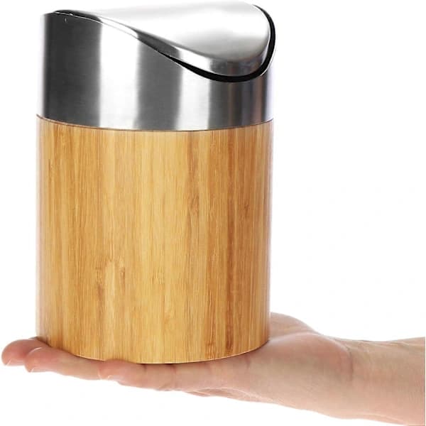 Papperskorg med svänglock - Bambu Bordskorg med lock i rostfritt stål - Kompakt sminkväska för badrum (1 st - Ljusbrun - Bambu)