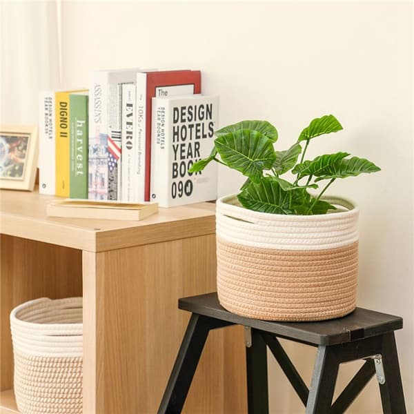 Cotton Rope Storage Basket with Handles, Laundry Basket, Trunk Organizer, Clothes Container for Nursery, 3