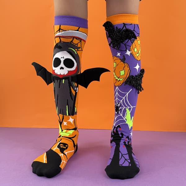 Halloween-knæstrømper til børn med 3D-vinger, kranier og græskar til udklædning Gul/Lilla 2-3 år Yel/Pur 2-3Y