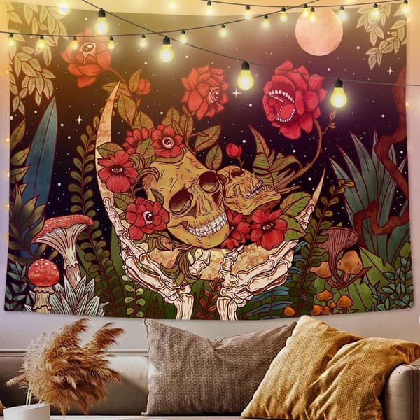 Flower Skull Wall Decor Moon Garden Tapestry Aesthetic Mouse