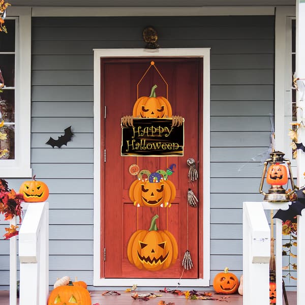 3 stk Halloween-festdekorasjon hengende gresskar og flaggermus dørpynt