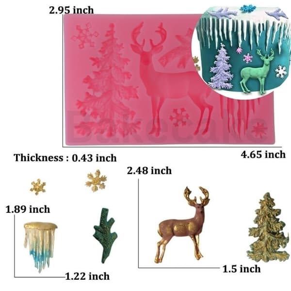 Vintertema silikoneform med rensdyr, snefnug, juletræ og mere Rosa pink