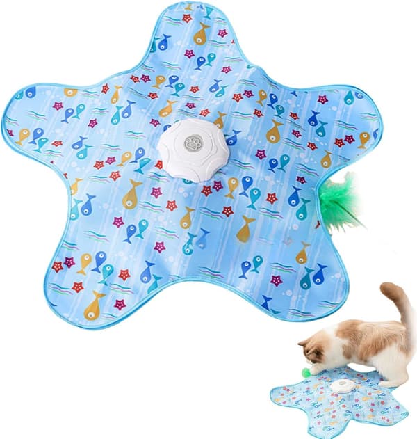 Interactive Cat Toy Mat with Automatic Hide-and-Seek Feather, USB Rechargeable Indoor Toy for Kittens and Cats, Blue 70 x 10 cm