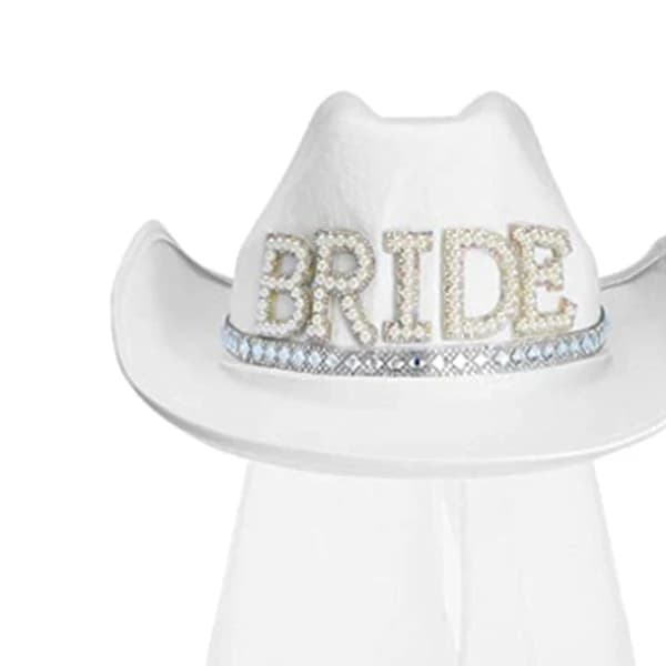 Cowboyhat til kvinder med hvidt slør, bredskygget hat til piger, perlebroderede \"BRIDE\"-hatte til forlovelse, udendørsferie, dekorativ
