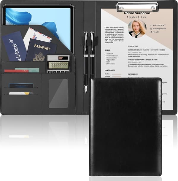 Meeting Folder A4 Business Document Folder with Clipboard, Document Pocket, Card Holder, Office Work Pocket (Black)
