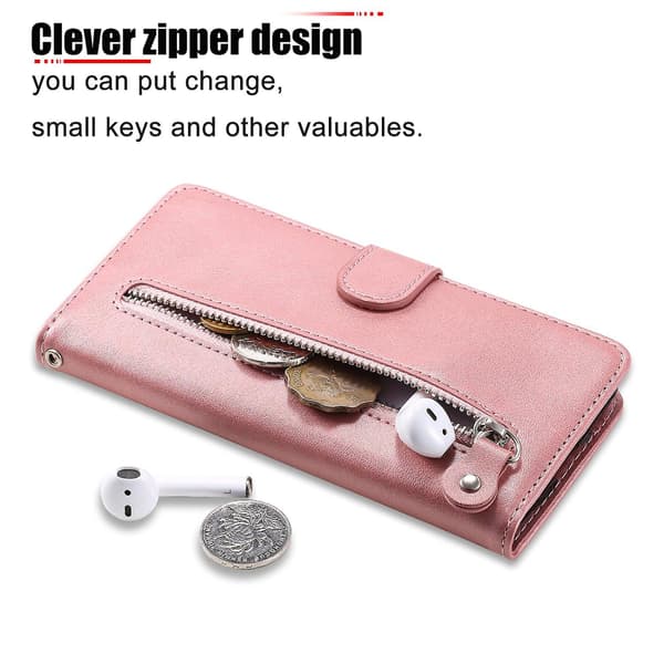 Case for iPhone 16 with Zipper Pocket, Wallet, Shockproof PU Leather Phone Cover - Pink