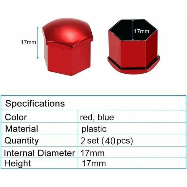 40 st 17 mm Universal Wheel Nut Caps with Removal Tool - Compatible with Most Brands (Red, Blue)