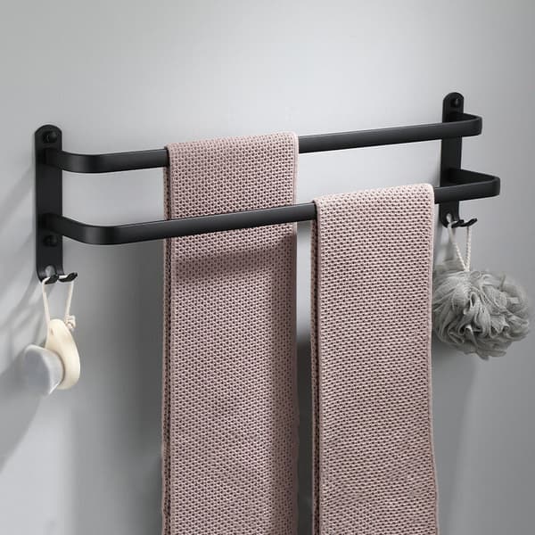 2-Tier Aluminum Wall Mounted Towel Rack with Hooks - Waterproof, Black, 30cm for Bathroom Kitchen