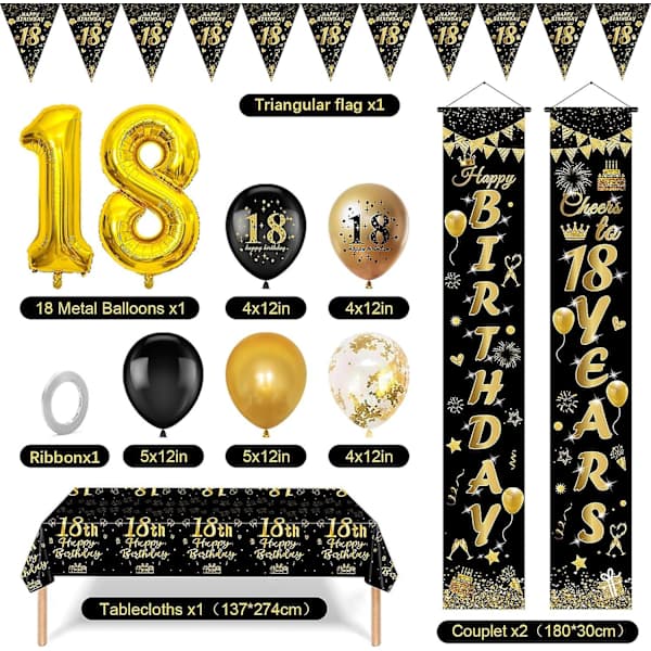 18th Birthday Decoration Kit with Banner, Balloons and Tablecloths