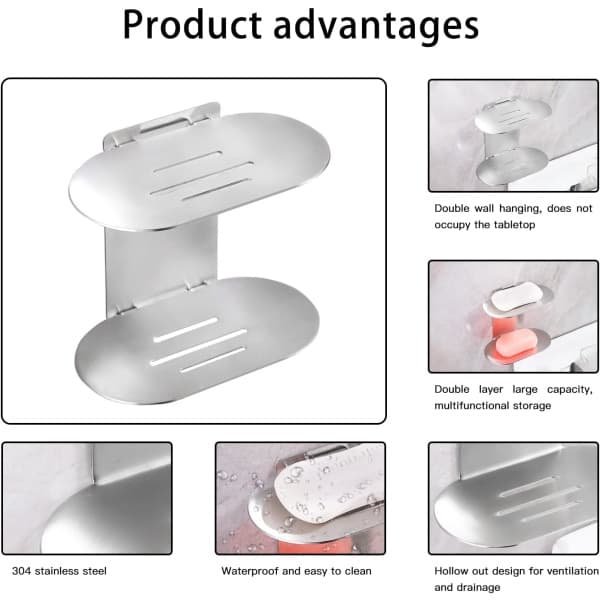 Self-adhesive soap dish for shower, 304 stainless steel, wall-mounted soap holder for bathroom and kitchen (silver)