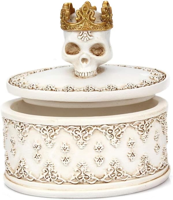 White Skeleton Head Skull Jewelry Organizer Box Holder with Crown