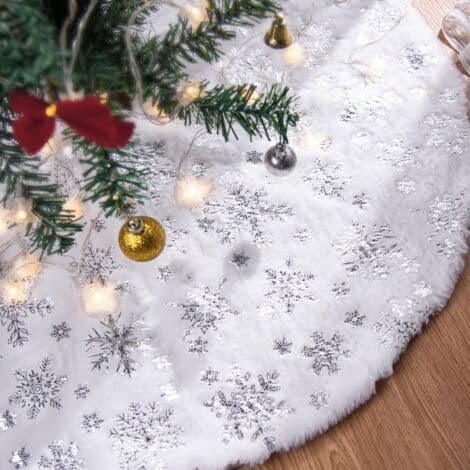 90 cm Christmas Tree Skirt, Large Silver Snowflake Christmas Tree Base Cover, Christmas Tree Mat