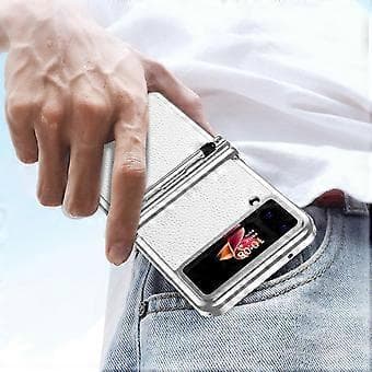 Plating Case Compatible With Samsung Galaxy Z Flip 4, Hard PC+Smooth Leather Shockproof Case With Hinge & Pen