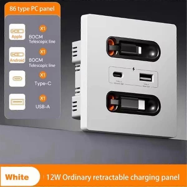 12w Universal Wall Panel Socket with USB-A USB-C Retractable Charging Cable, Mobile Phone Tablet Charger
