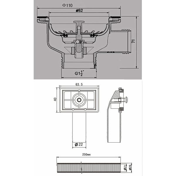 Afløbssæt med overløb, kurv i rustfrit stål, firkantet 110 mm 1??&34, rustfrit stål + ABS, afløb + kurv