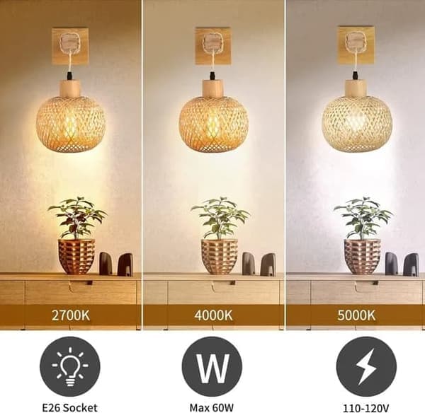 Bamboo Wall Lamp Lantern Shape, Hand-Woven Lampshade, E26 Socket, Suitable for Bedroom and Living Room