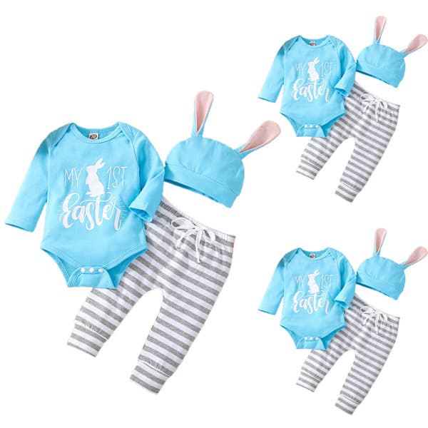 Baby Easter Outfit Long Sleeve Bunny Romper Pants Rabbit Ear Hat 9-12M