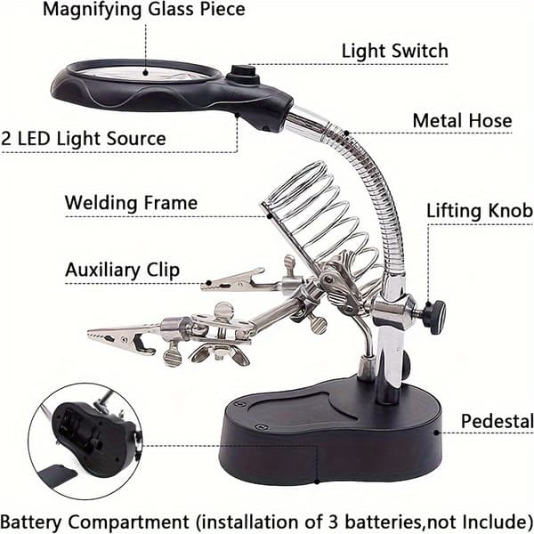 LED-lampe med forstørrelsesglas 3,5X/12X Rustfrit stålramme Forstørrelsesglas Loddestation til svejsning og reparation