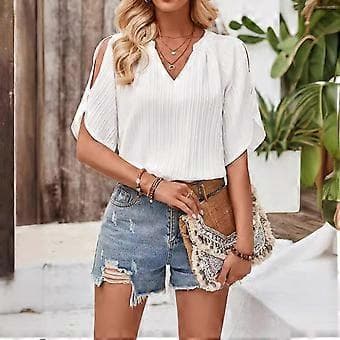Kortermet V-hals Topp Dame Basic Oversize Uformell Løs Tunika Fest Bluse Topper Dame Sommerskjorte Sommerbluse (S Hvit)