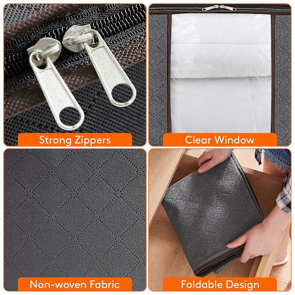 Large Capacity Clothes Storage Bag Reinforced Handle Thick Fabric for Comforters Bedding Foldable with Sturdy Zipper 3 Pack Grey