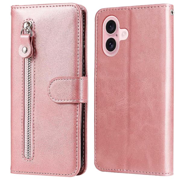 Case for iPhone 16 with Zipper Pocket, Wallet, Shockproof PU Leather Phone Cover - Pink