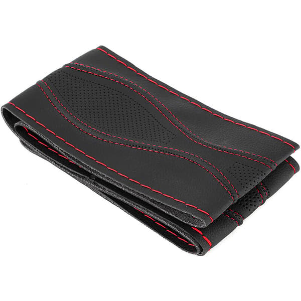 38 cm / 15 inch Leather Steering Wheel Cover, Hand-stitched, Embossed with Needle and Thread, Universal, Black, Red
