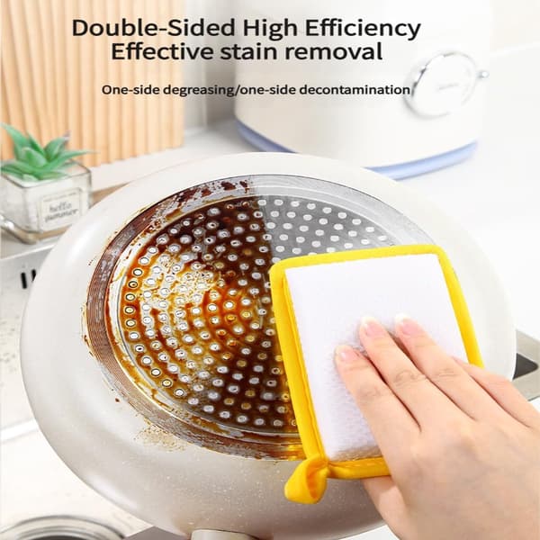 Double-sided dishcloths, one side is microfiber, the other is a soft scouring pad. Reusable, highly absorbent, scratch-free, yellow, 5-pack.