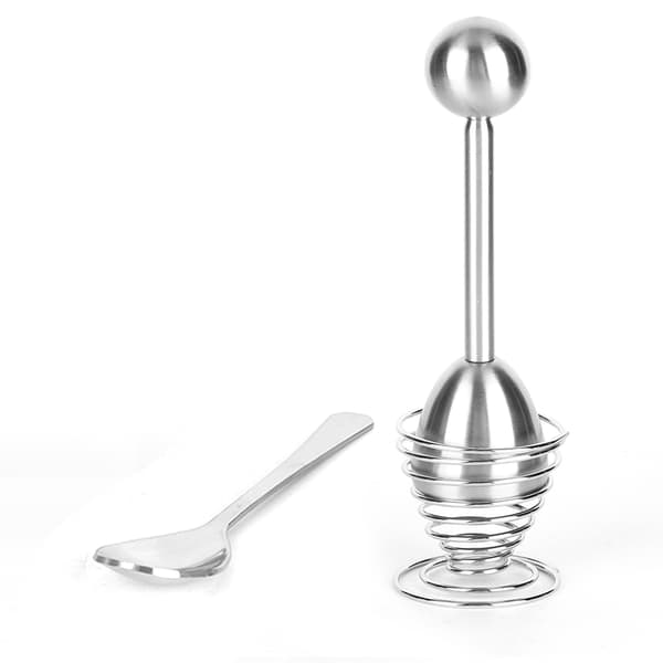 Stainless Steel Egg Slicer with Egg Shell Opener, Spring-Loaded Egg Cup Holder, and Spoon