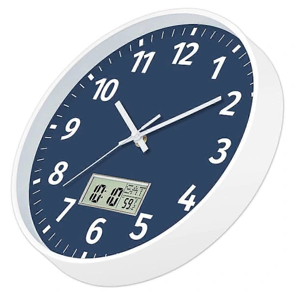 Silent Digital Wall Clock with Time, Day, Date & Temperature - Battery Operated
