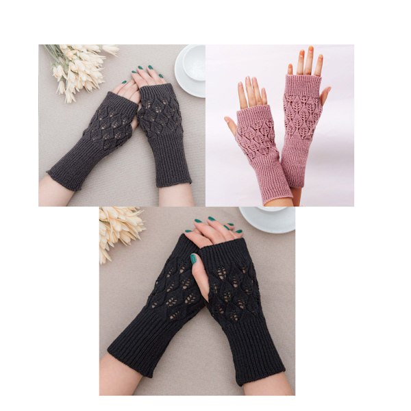 3 par akryltrimmade ullhandskar stickade halvfingerhandskar C