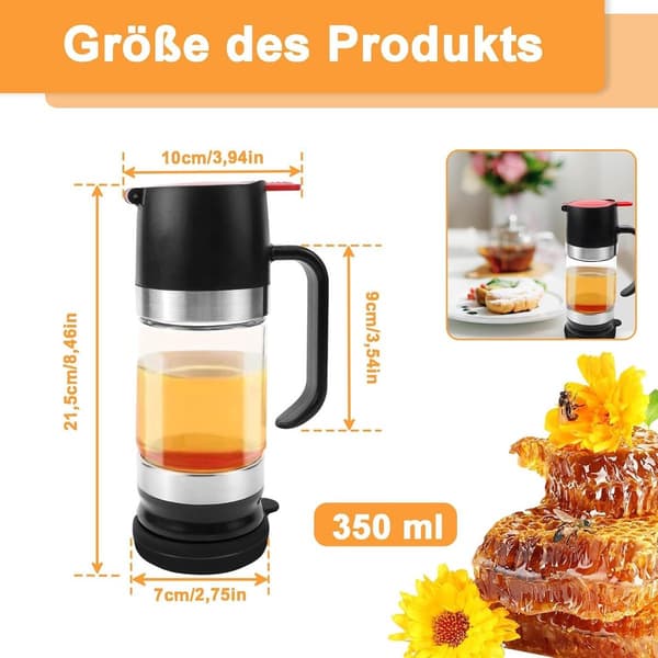 Allecto Premium - Drip-free Glass Honey Dispenser with Press Function, 350 ml with Handle - Transparent Glass