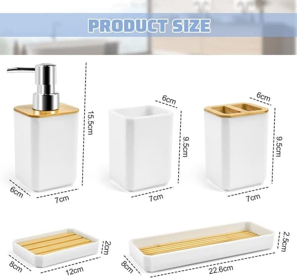 5-piece Bathroom Accessory Set - Toothbrush Holder, Toothbrush Cup, Soap Dispenser, Soap Dish and Tray