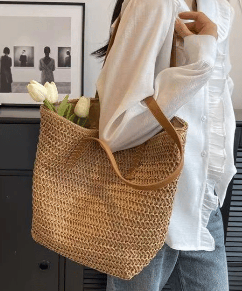 Mångsidig vävd väska damer trendig stor kapacitet pendlingsväska stråväska tote bag brown