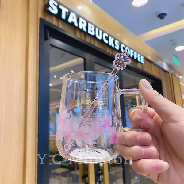 Starbucks vaaleanpunainen Sakuraa vaihtava lasinen kahvimuki kukkakepillä