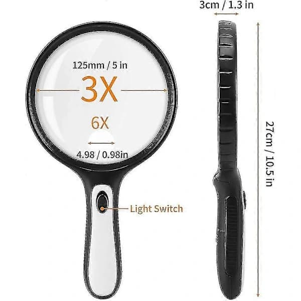 Magnifying Glass with Light for Reading, 3x 6x Large Handheld Magnifier with Light and 4 LED Lights for Visually Impaired, Seniors