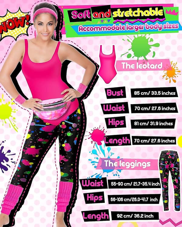 80'er 90'er Aerobics Sæt med Dragt, Leggings & Splash Print Tilbehør - 7 Dele [JUN] Splash Print Medium Splash Print Medium