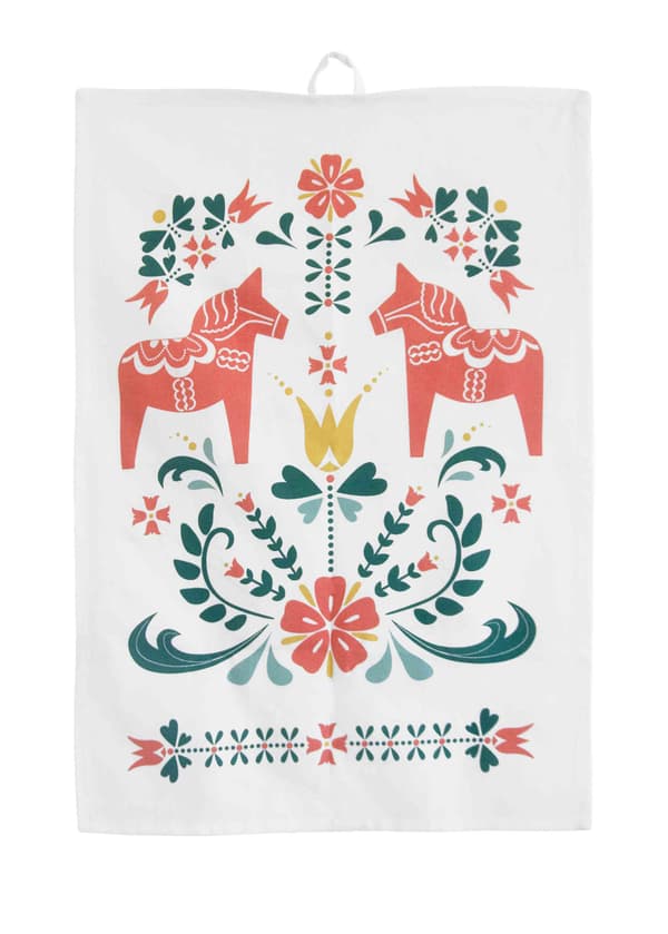 Køkkenhåndklæde Heste med Dalaheste og Kurbits – 50×70 cm Vit white