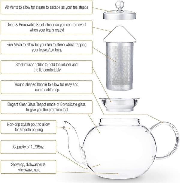 Glas tekande med infuser, 975 ml, komfur sikker til løs te [JUN] style1048 style1048