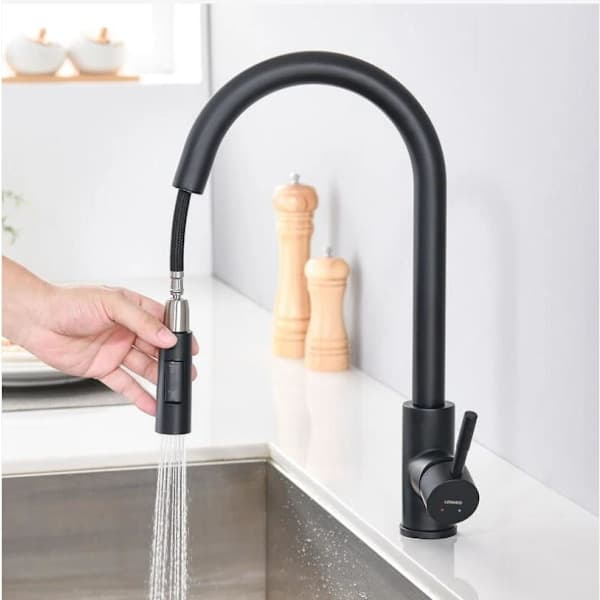 Single Handle Pull-Out Spray Matte 360° Swivel Stainless Steel Kitchen Faucet 2 Functions Kitchen Faucet (Black)