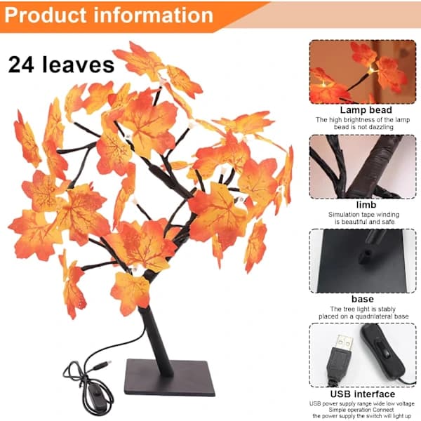 Maple Leaf Lys: Efterårsdekoration Lys med 24 LED, USB Maple Leaf Lys, Maple Leaf Lys