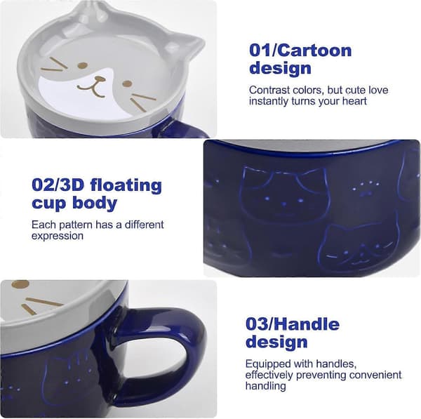 Porslinskaffekoppar med lock, mönstrade kaffemuggar, söt morgonkopp, tekoppar kaffemuggar inflyttningspresenter, (Grå katt)