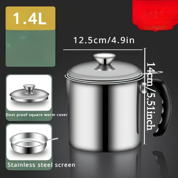Stainless Steel Grease Container with Strainer and Pour Handle for Kitchen Oil Storage Silvery Silvery